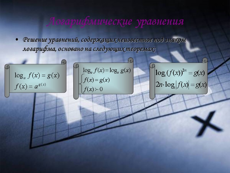 Логарифмические уравнения Решение уравнений, содержащих неизвестное под знаком логарифма, основано на следующих теоремах: